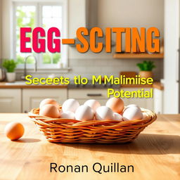 A bright and vibrant kitchen filled with natural light, showcasing a basket of fresh eggs on a wooden table
