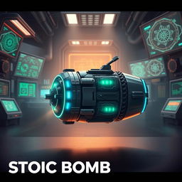A visually captivating illustration of a futuristic device called the 'Stoic Bomb'