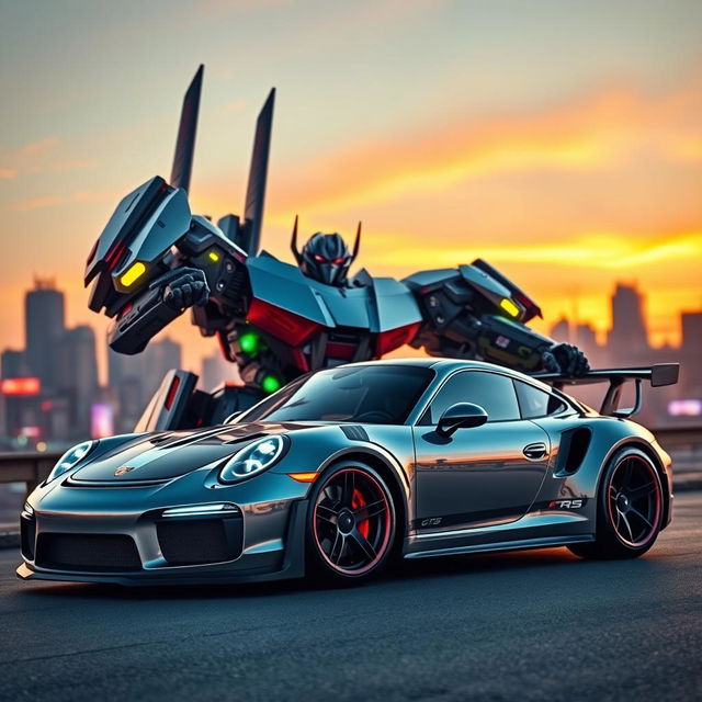 A stylized Transformer version of a Porsche 911 GT3 RS, featuring sleek, angular robotic elements integrated into the car's design, with bright metallic colors and glowing accents