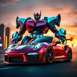 A stylized Transformer version of a Porsche 911 GT3 RS, featuring sleek, angular robotic elements integrated into the car's design, with bright metallic colors and glowing accents