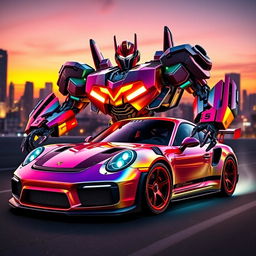 A stylized Transformer version of a Porsche 911 GT3 RS, featuring sleek, angular robotic elements integrated into the car's design, with bright metallic colors and glowing accents