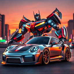 A stylized Transformer version of a Porsche 911 GT3 RS, featuring sleek, angular robotic elements integrated into the car's design, with bright metallic colors and glowing accents