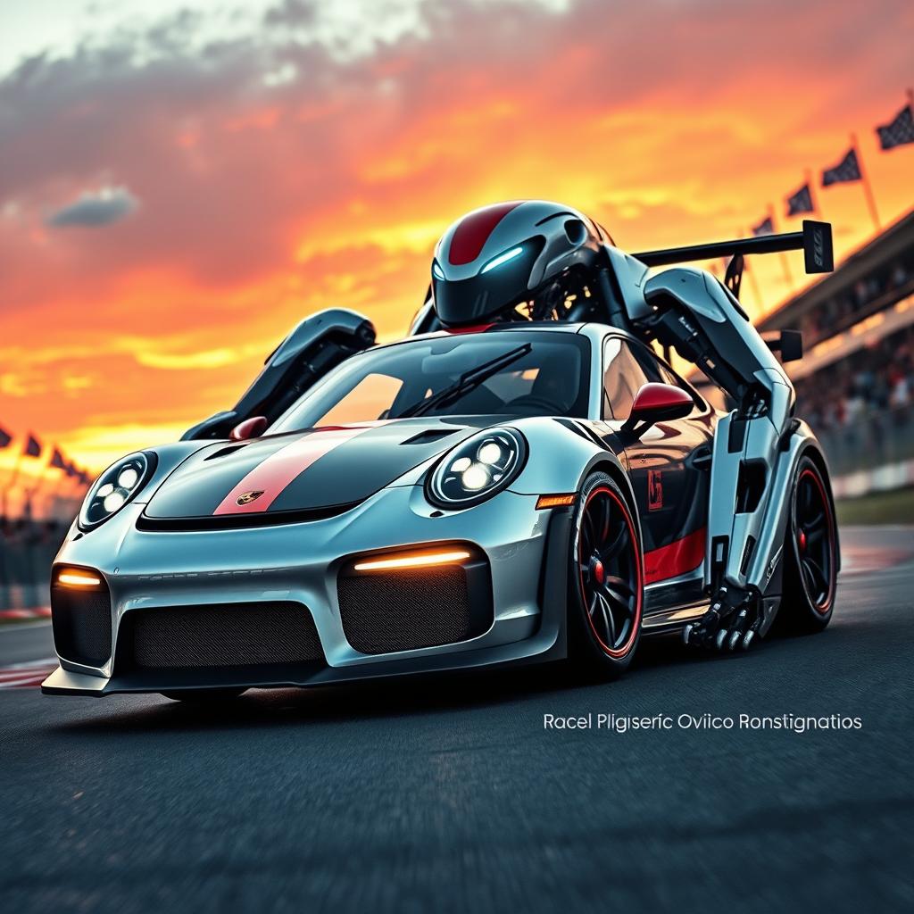 A futuristic Porsche GT3 RS transformed into a sleek and powerful robot, showcasing its aerodynamic curves and racing stripes