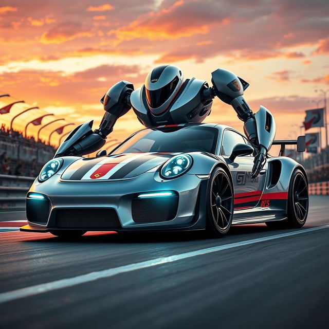 A futuristic Porsche GT3 RS transformed into a sleek and powerful robot, showcasing its aerodynamic curves and racing stripes