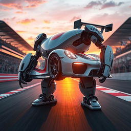 A futuristic Porsche GT3 RS transformed into a sleek and powerful robot, showcasing its aerodynamic curves and racing stripes