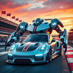 A futuristic Porsche GT3 RS transformed into a sleek and powerful robot, showcasing its aerodynamic curves and racing stripes