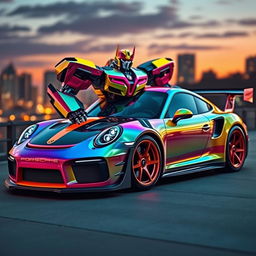 A futuristic Autobot transforming into a sleek Porsche GT3 RS, with shiny metallic surfaces and intricate mechanical details