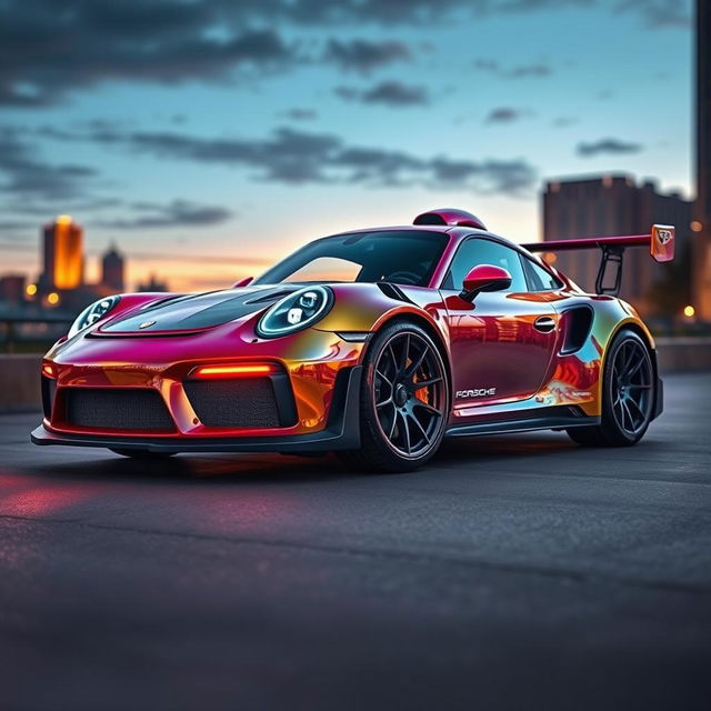 A futuristic Autobot transforming into a sleek Porsche GT3 RS, with shiny metallic surfaces and intricate mechanical details