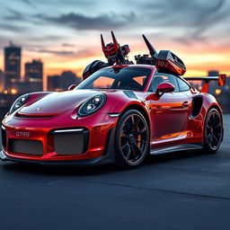 A futuristic Autobot transforming into a sleek Porsche GT3 RS, with shiny metallic surfaces and intricate mechanical details