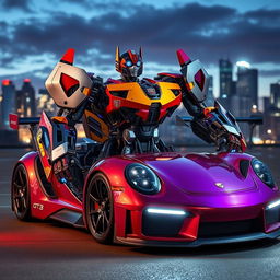 A futuristic Autobot transforming into a sleek Porsche GT3 RS, with shiny metallic surfaces and intricate mechanical details