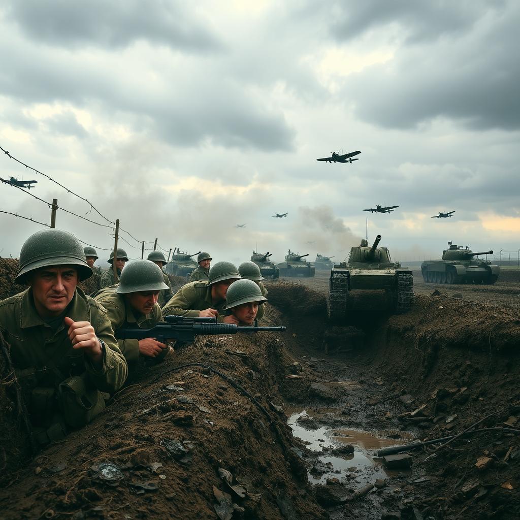 A dramatic scene depicting World War II, showcasing soldiers in the trenches, a smoke-filled battlefield, vintage wartime equipment such as tanks and airplanes in the backdrop