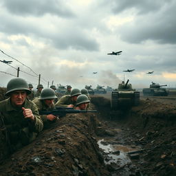 A dramatic scene depicting World War II, showcasing soldiers in the trenches, a smoke-filled battlefield, vintage wartime equipment such as tanks and airplanes in the backdrop