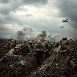 A dramatic scene depicting World War II, showcasing soldiers in the trenches, a smoke-filled battlefield, vintage wartime equipment such as tanks and airplanes in the backdrop