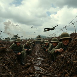 A dramatic scene depicting World War II, showcasing soldiers in the trenches, a smoke-filled battlefield, vintage wartime equipment such as tanks and airplanes in the backdrop