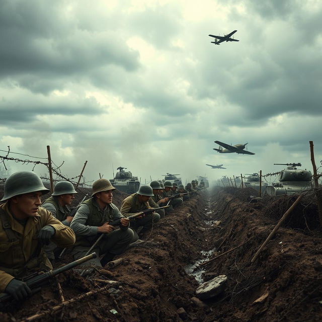 A dramatic scene depicting World War II, showcasing soldiers in the trenches, a smoke-filled battlefield, vintage wartime equipment such as tanks and airplanes in the backdrop