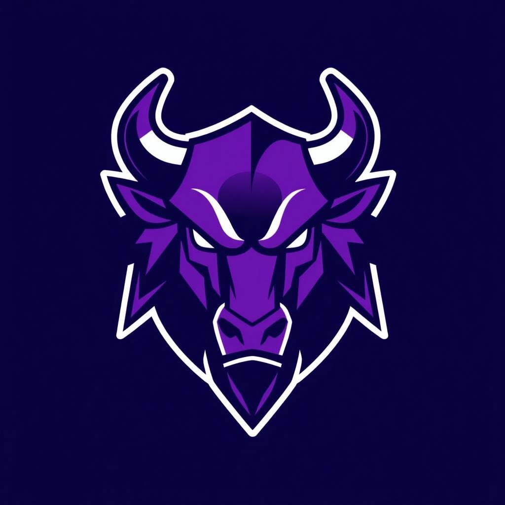 A sleek and modern mascot logo design featuring a fierce bull head, predominantly in shades of purple and black