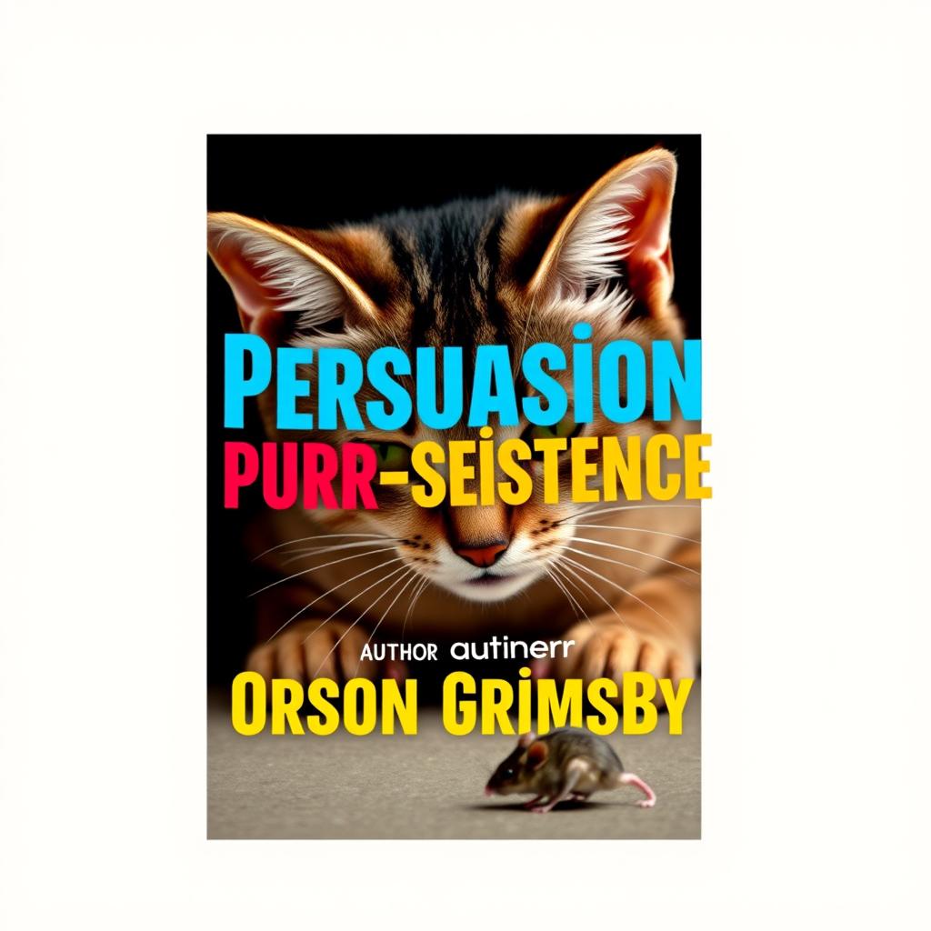A book cover design featuring a large, bold title 'Persuasion Purr-sistence' in an eye-catching font, using vibrant and contrasting colors