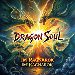 In the center of a storm, the bold written words "Dragon Soul" clash dramatically against a backdrop of fierce lightning strikes, surrounded by an array of majestic dragons