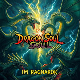In the center of a storm, the bold written words "Dragon Soul" clash dramatically against a backdrop of fierce lightning strikes, surrounded by an array of majestic dragons