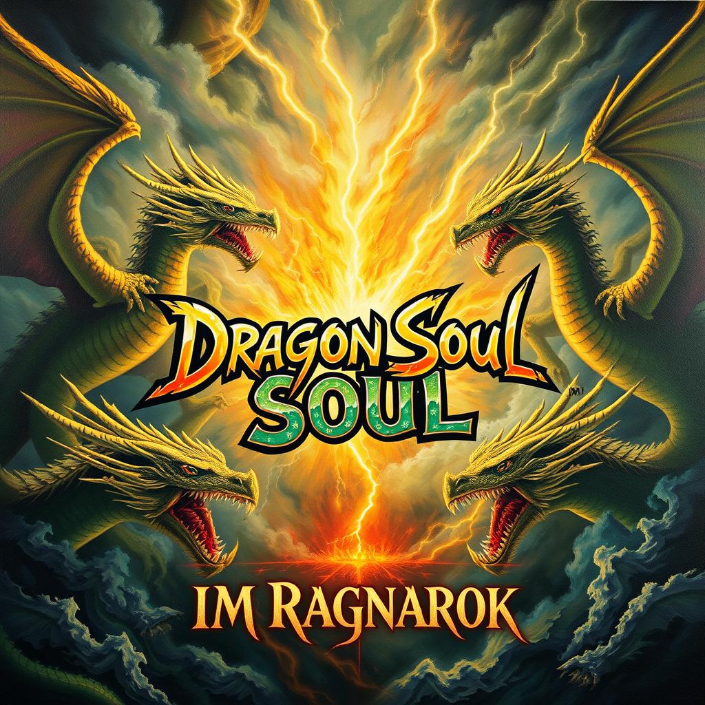 In the center of a storm, the bold written words "Dragon Soul" clash dramatically against a backdrop of fierce lightning strikes, surrounded by an array of majestic dragons
