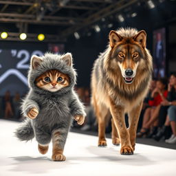 A photorealistic image of an anthropomorphic Mankikon stumpy kitten confidently walking down a fashion catwalk