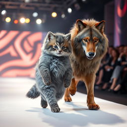 A photorealistic image of an anthropomorphic Mankikon stumpy kitten confidently walking down a fashion catwalk