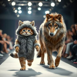 A photorealistic image of an anthropomorphic Mankikon stumpy kitten confidently walking down a fashion catwalk