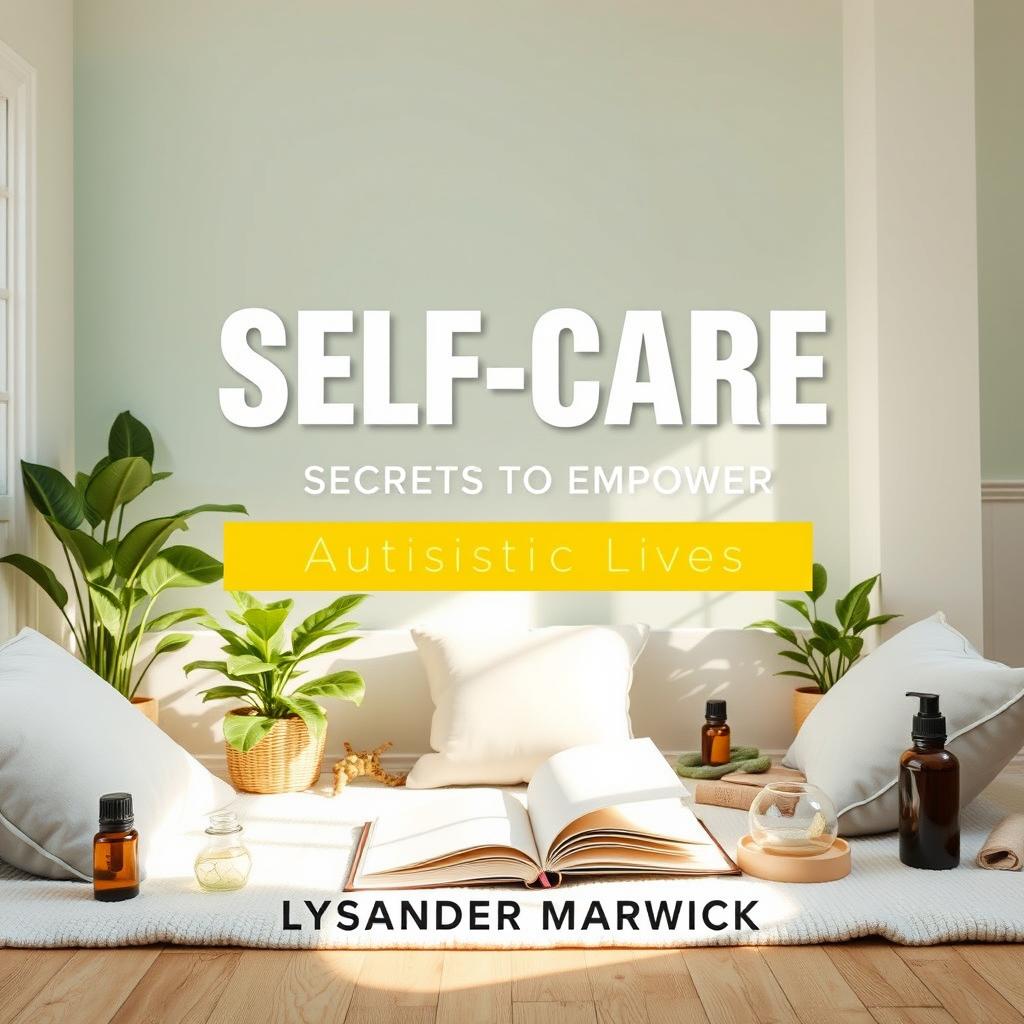 A flat book cover design titled "SELF-CARE Secrets to Empower Autistic Lives" by Lysander Marwick