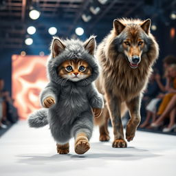 A detailed, photorealistic image of an anthropomorphic Mankikon stumpy kitten strutting down a fashion catwalk, adorned in a fluffy grey wolf costume complete with pointy ears and a playful tail