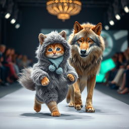 A detailed, photorealistic image of an anthropomorphic Mankikon stumpy kitten strutting down a fashion catwalk, adorned in a fluffy grey wolf costume complete with pointy ears and a playful tail