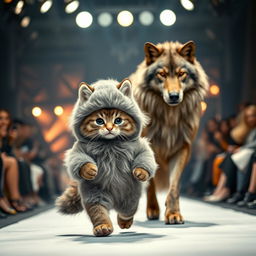 A detailed, photorealistic image of an anthropomorphic Mankikon stumpy kitten strutting down a fashion catwalk, adorned in a fluffy grey wolf costume complete with pointy ears and a playful tail