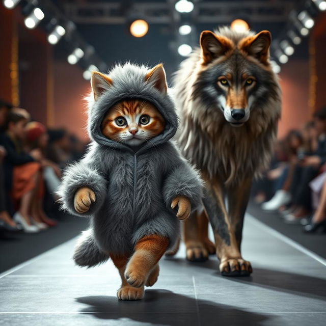 A detailed, photorealistic image of an anthropomorphic Mankikon stumpy kitten strutting down a fashion catwalk, adorned in a fluffy grey wolf costume complete with pointy ears and a playful tail