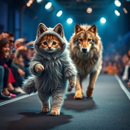 A stunning photorealistic image depicting an anthropomorphic Mankikon stumpy kitten elegantly walking down a high-fashion catwalk