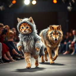 A stunning photorealistic image depicting an anthropomorphic Mankikon stumpy kitten elegantly walking down a high-fashion catwalk