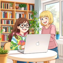 A vibrant scene depicting a young girl with long brown hair and glasses, wearing a colorful hoodie, sitting at a cozy table in a bright room, cheerfully lending her sleek laptop to a friend