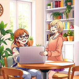 A vibrant scene depicting a young girl with long brown hair and glasses, wearing a colorful hoodie, sitting at a cozy table in a bright room, cheerfully lending her sleek laptop to a friend