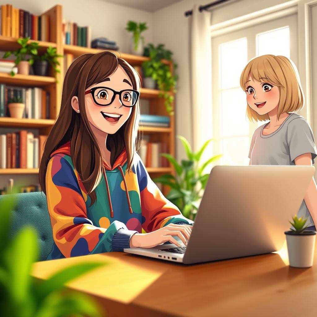 A vibrant scene depicting a young girl with long brown hair and glasses, wearing a colorful hoodie, sitting at a cozy table in a bright room, cheerfully lending her sleek laptop to a friend