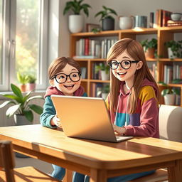 A vibrant scene depicting a young girl with long brown hair and glasses, wearing a colorful hoodie, sitting at a cozy table in a bright room, cheerfully lending her sleek laptop to a friend