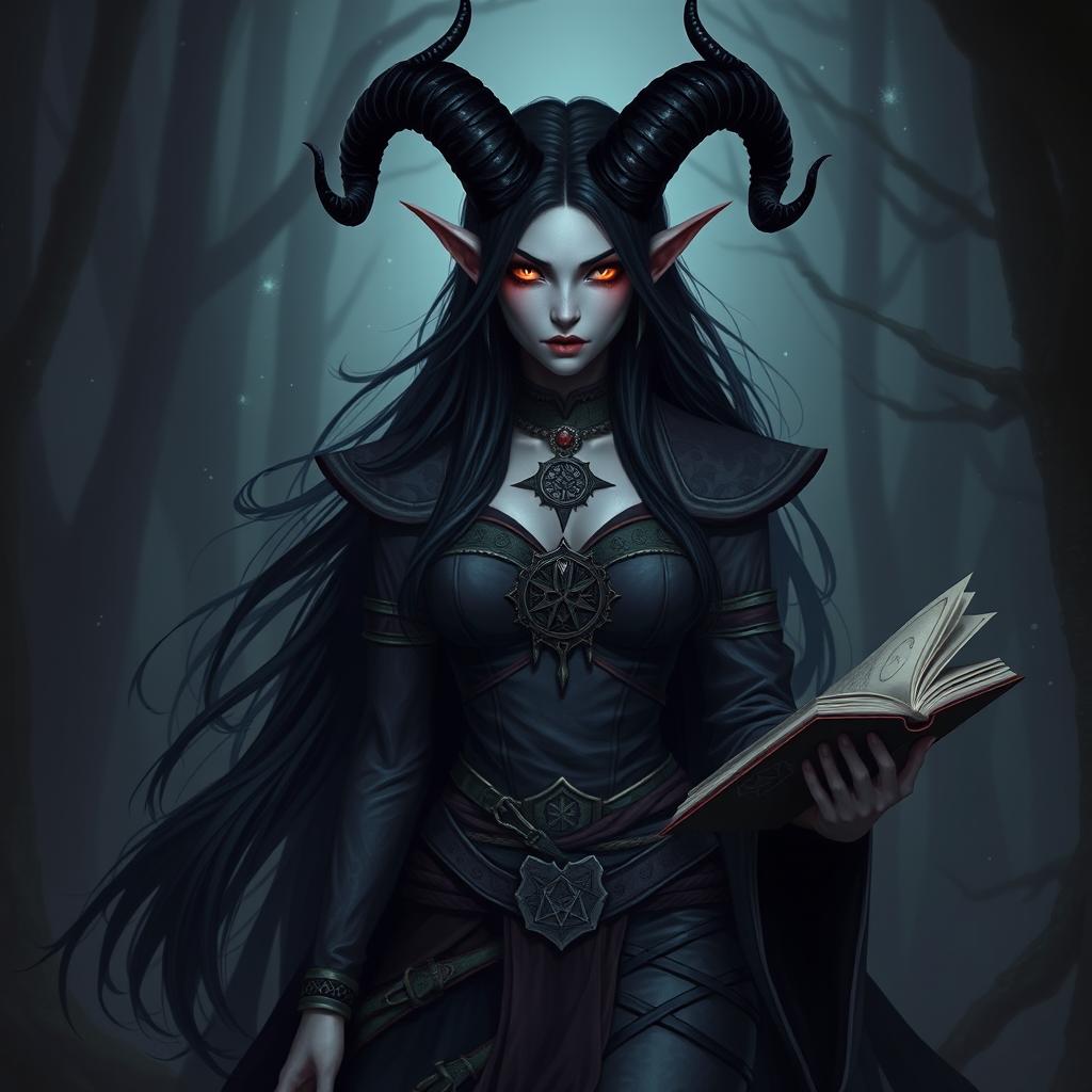 A female tiefling witch with striking black horns and long flowing black hair, exuding a fierce and powerful look