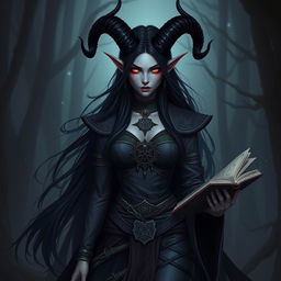 A female tiefling witch with striking black horns and long flowing black hair, exuding a fierce and powerful look