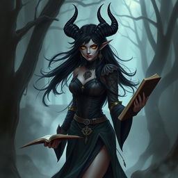 A female tiefling witch with striking black horns and long flowing black hair, exuding a fierce and powerful look
