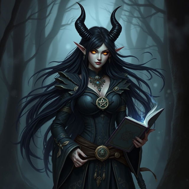 A female tiefling witch with striking black horns and long flowing black hair, exuding a fierce and powerful look