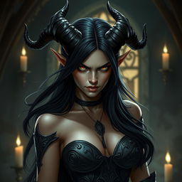 A female tiefling with striking black horns and long, flowing black hair, exhibiting a fierce and seductive look filled with rage