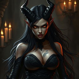 A female tiefling with striking black horns and long, flowing black hair, exhibiting a fierce and seductive look filled with rage