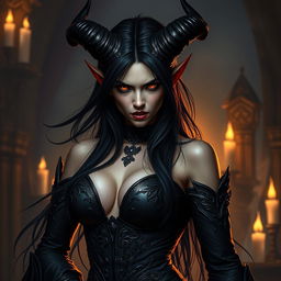 A female tiefling with striking black horns and long, flowing black hair, exhibiting a fierce and seductive look filled with rage