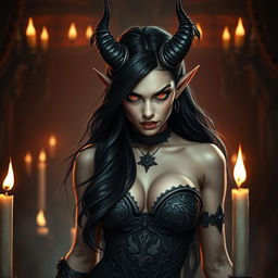 A female tiefling with striking black horns and long, flowing black hair, exhibiting a fierce and seductive look filled with rage