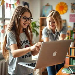 A dynamic moment capturing a young girl with long brown hair and glasses, wearing a trendy graphic t-shirt, in the act of lending her laptop to her friend