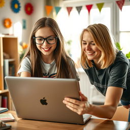 A dynamic moment capturing a young girl with long brown hair and glasses, wearing a trendy graphic t-shirt, in the act of lending her laptop to her friend