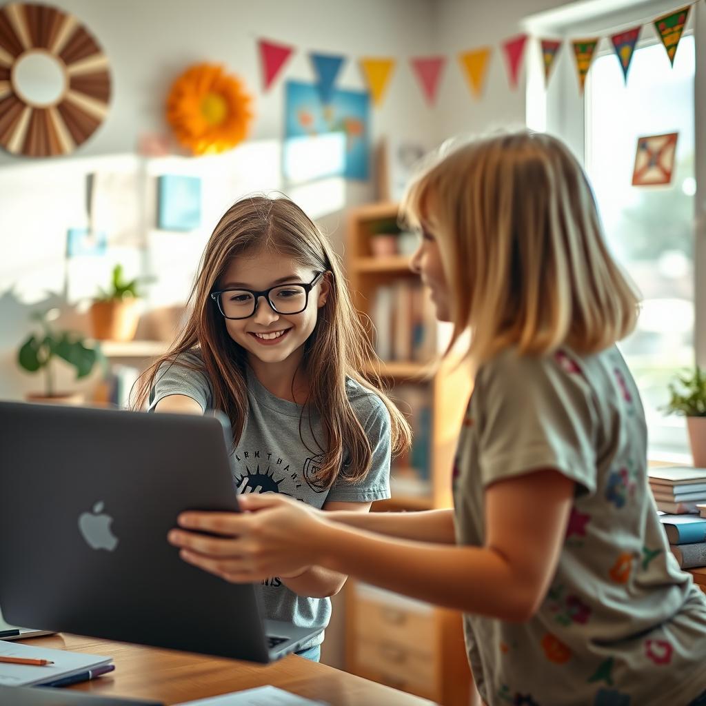 A dynamic moment capturing a young girl with long brown hair and glasses, wearing a trendy graphic t-shirt, in the act of lending her laptop to her friend