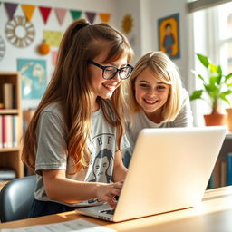 A dynamic moment capturing a young girl with long brown hair and glasses, wearing a trendy graphic t-shirt, in the act of lending her laptop to her friend
